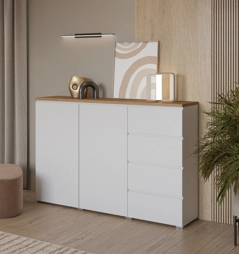 Komoda ORVO 150 cm do Salonu Sypialni Biały-dąb mauvella