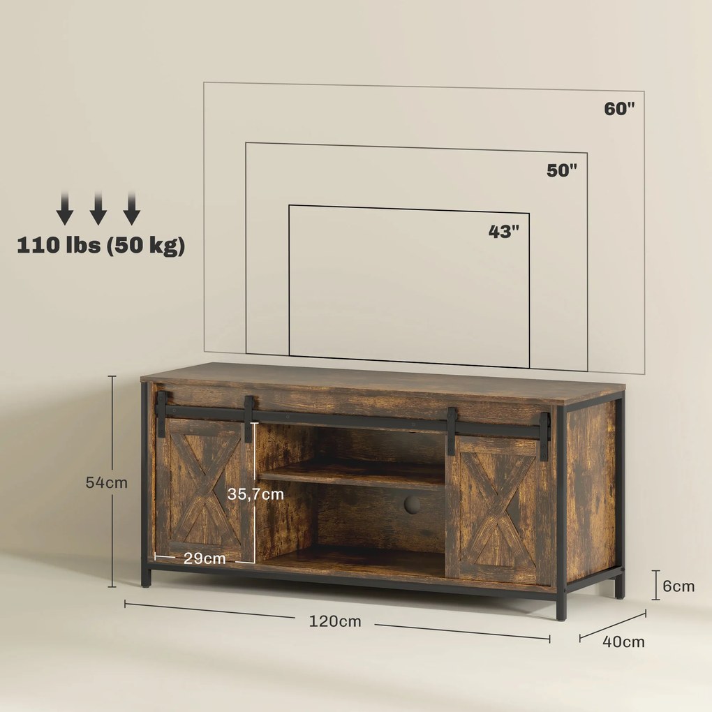 HOMCOM Niski stolik pod TV, design industrialny, na telewizory do 60'', 6 przegródek, 2 drzwi przesuwne, Brąz/Czarny