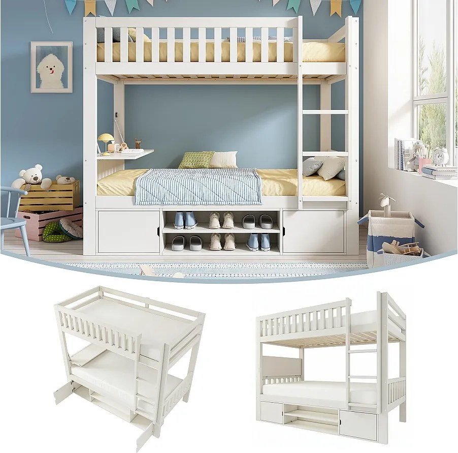 Łóżko piętrowe dla dzieci - 90 x 200 cm - ze składanym stolikiem + schowkiem na buty + 2 schowki - drewno - białe