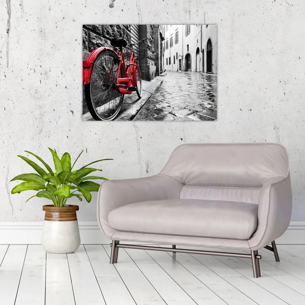 Obraz czerwonego roweru na brukowanej uliczce (70x50 cm)