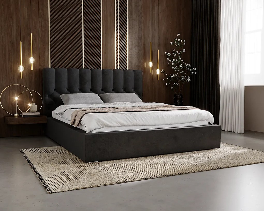 Emporius Sevilla łóżko 140x200 cm z pojemnikiem - glamour, pikowanie chesterfield, tkanina velvet - łóżko tapicerowane 140x200 czarny (Magic Velvet 2219)