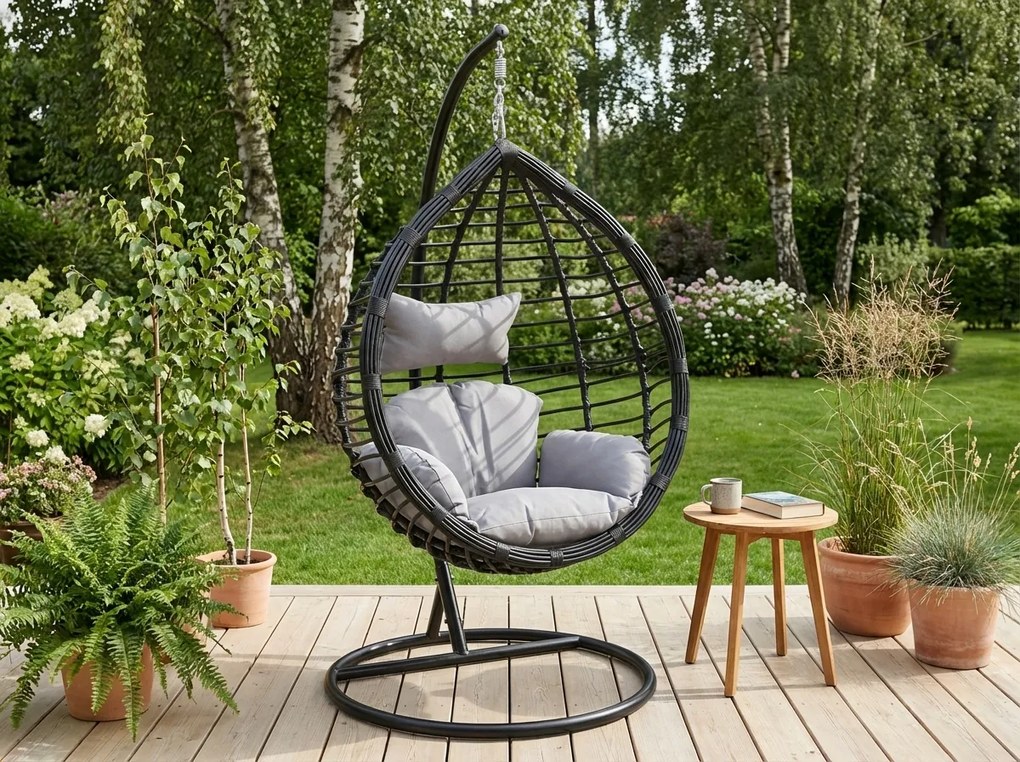 Wiszący fotel TARINO ze stojakiem, czarny/szara poduszka
