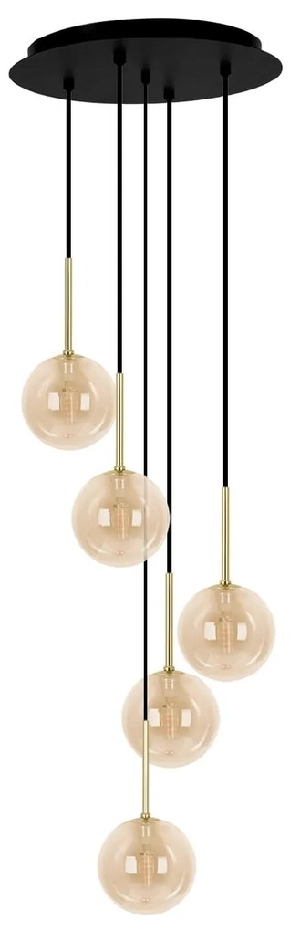 Lampa wiszaca pięć bursztynowych kloszy Galaxy 5, oświetlenie stolika w salonie