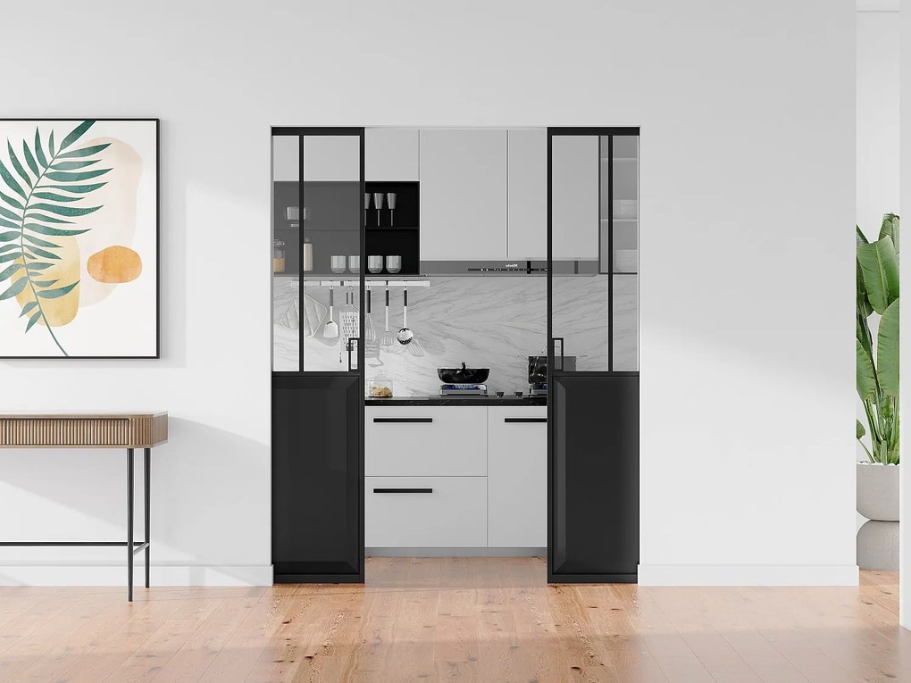 Drzwi przesuwne podwójne industrialne chowane w ścianie - Czarny i szkło hartowane - 2 x wys. 205 x szer. 73 cm - ARTISTO II