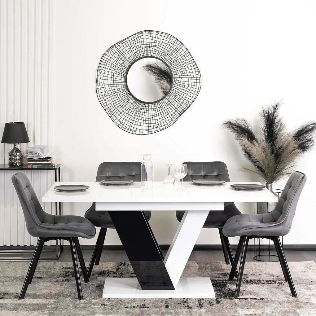 Zestaw Stół Prostokątny Rozkładany CLARK 120-160 cm Czarny/Biały Połysk i 4 Krzesła Tapicerowane do Salonu RICK Szare Welurowe