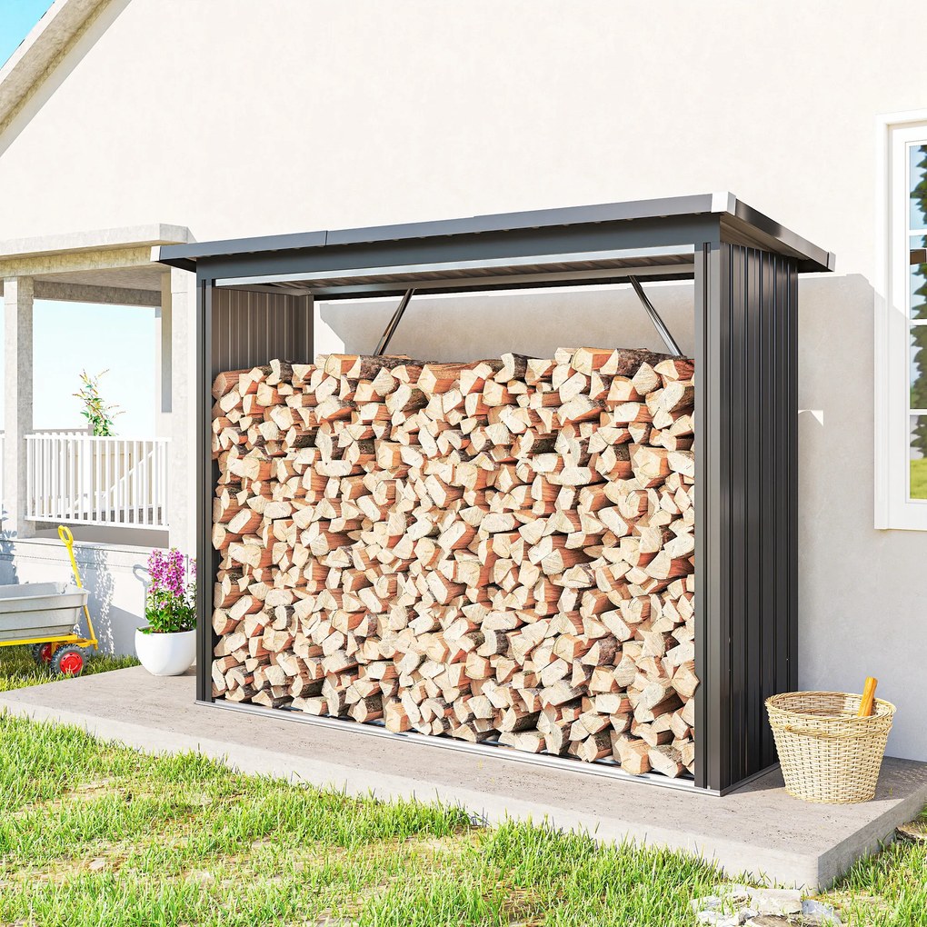 Wiata na drewno opałowe Outsunny, stal ocynkowana, podwyższona podstawa, dach jednospadowy, 213×66,5×150 cm, ciemnoszary