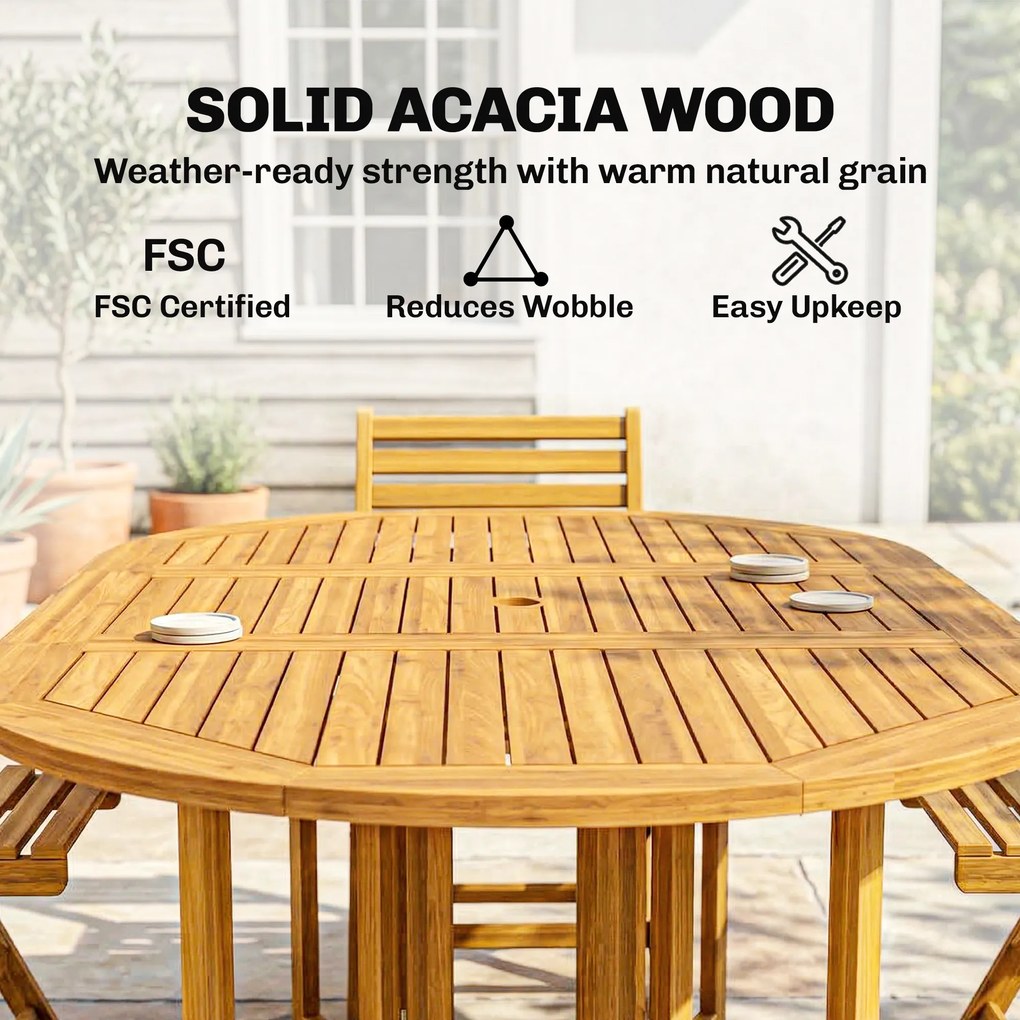 Outsunny Zestaw mebli ogrodowych FSC drewno 7-częściowy, rozkładany stół z 6 składanymi krzesłami, otwór na parasol, design lamelowy | Aosom PL