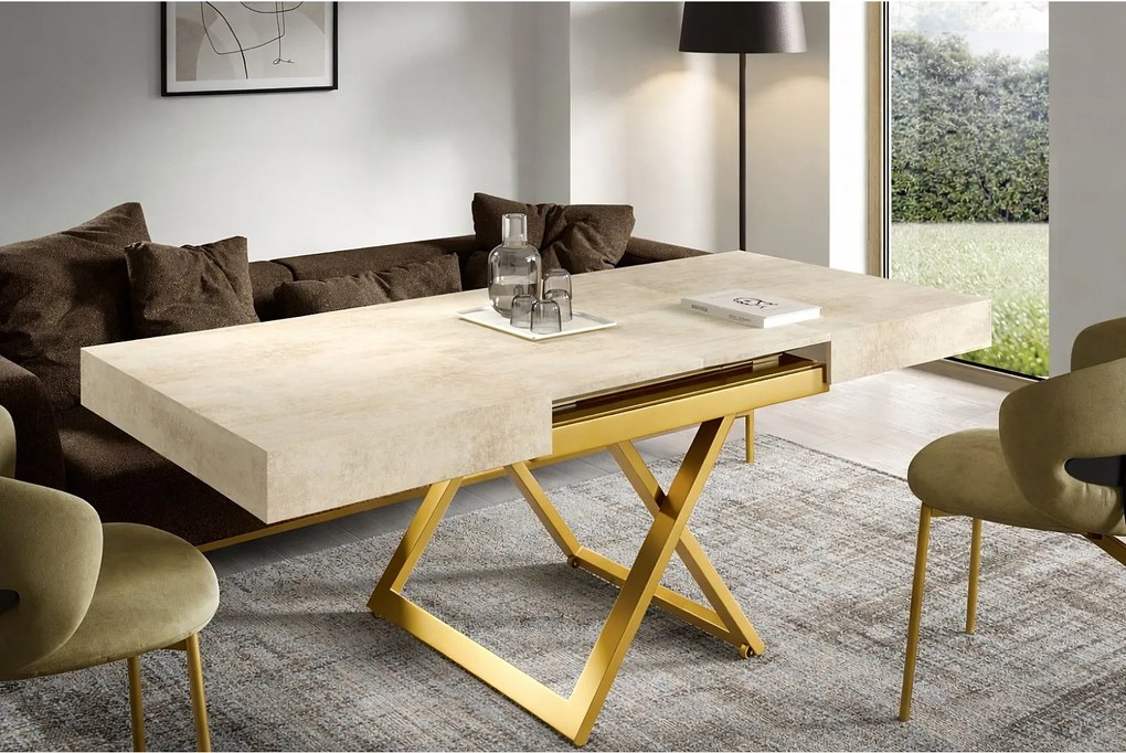 Ławostół 120 cm Ducale U - stół rozkładany do salonu 120-200 cm, regulowana wysokość, złoty stelaż - White Chromix