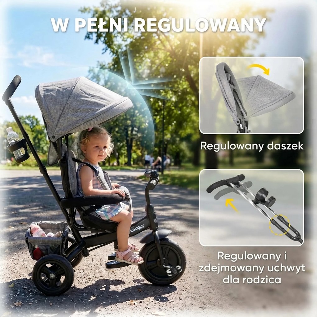 HOMCOM Rowerek 6w1 dla Dzieci z Rączką, Daszkiem, Pasem, Koszykiem, dla Dzieci 1-5 Lat, Szary