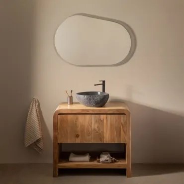 Zestaw Mebli Łazienkowych Z Drewna Vacry Akacja Brąz & Owalna Lampa Led I Przeciwmgielna 100x80 Cm Riben & ↔︎ 90 Cm & Czarny Matowy ↑30 - Sklum