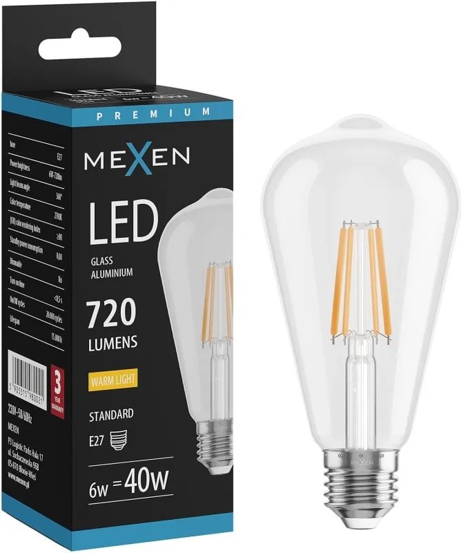 Mexen Vintis żarówka filament LED E27, ST64, 6W, Ciepła - 2700K, 720 lm, clear - L152-E27-0627-00