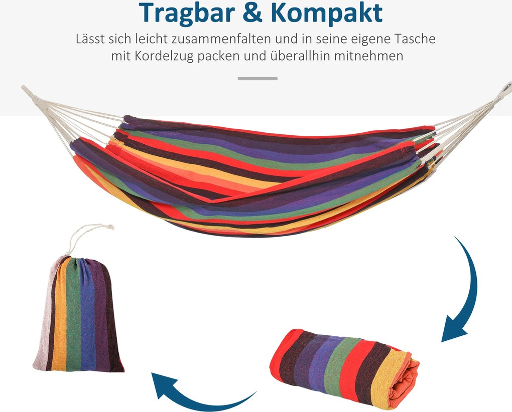 Kolorowy Hamak Outsunny z Bawełny i Poliestru z Torbą na Sprzęt, Wielobarwne Paski, 290 x 150 cm