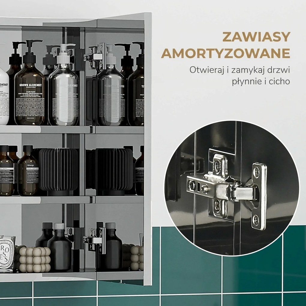 kleankin Szafka z lustrem, szafka łazienkowa, 3 drzwi lustrzane, 5 półek wewnętrznych, stal nierdzewna, Kolor: Srebrny, 70 x 12 x 55 cm