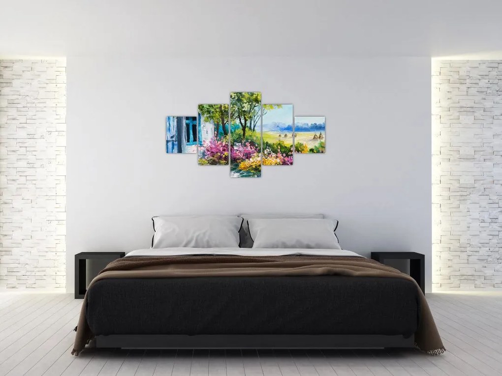 Obraz ogrodu przed domem, obraz olejny (125x70 cm)