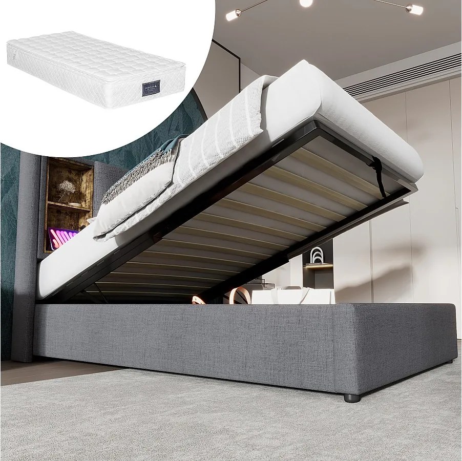 Łóżko tapicerowane ze schowkiem - 90 x 200 cm - Materac + Zagłówek z USB - Tkanina bawełniana - Szary