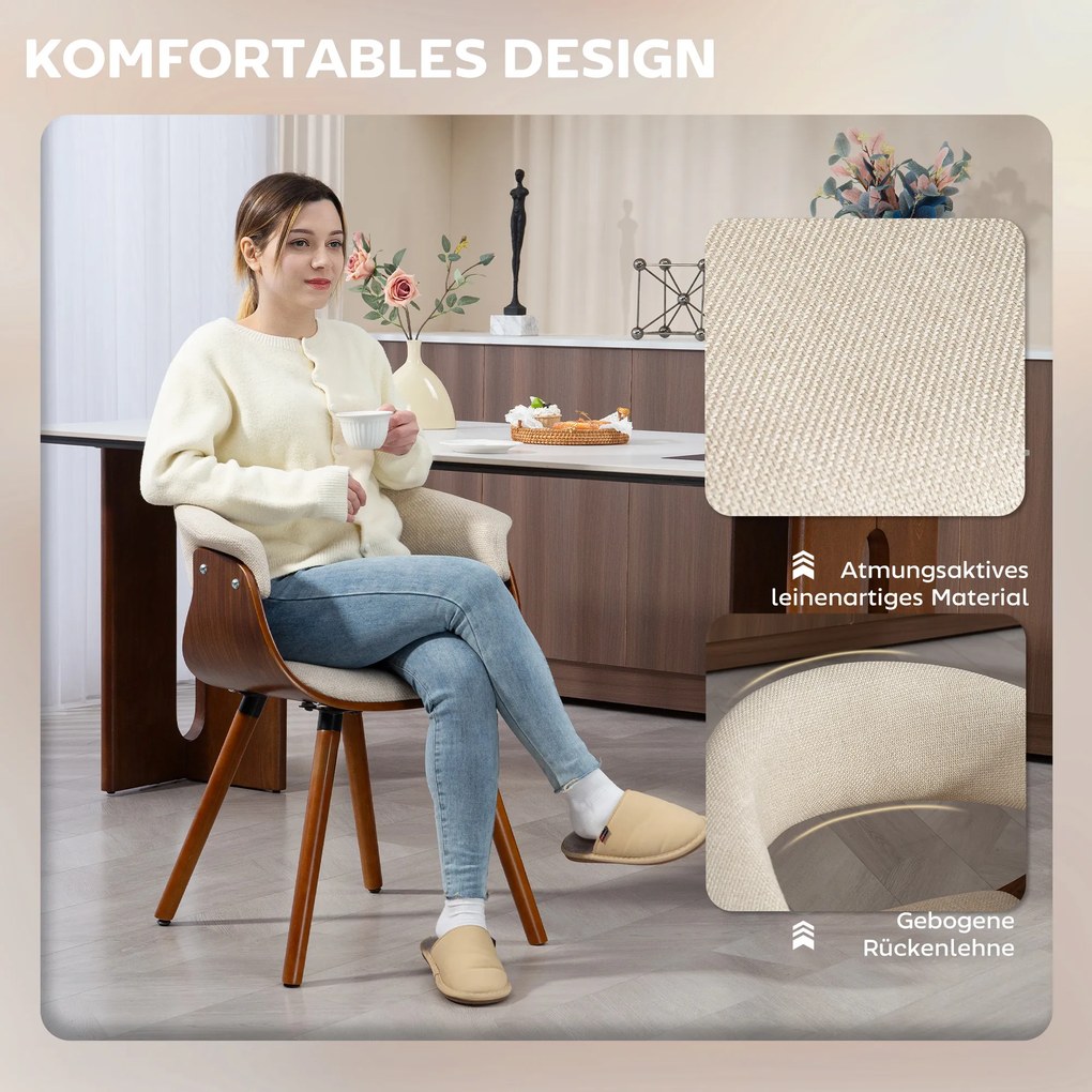 HOMCOM Krzesło do jadalni, tkanina w stylu lnu, wygięte oparcie, drewniane nogi, beżowe | Aosom PL