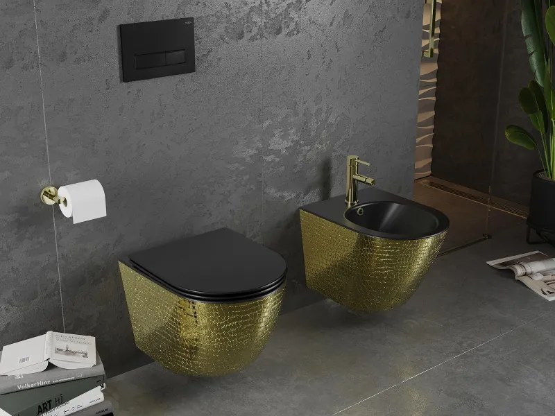 Mexen Lena miska wc Rimless z deską wolnoopadającą slim, duroplast, czarna mat/złota wzór łuski - 30224078