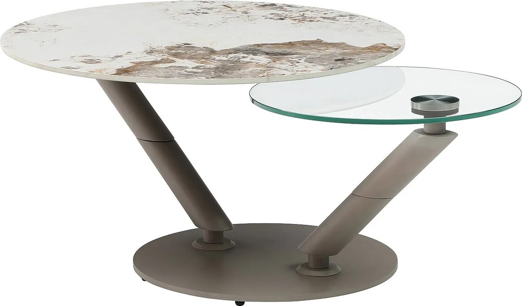 Stolik kawowy z obrotowymi blatami z ceramiki, szkła hartowanego i metalu taupe - Efekt biało-szarego marmuru - ELDOVA