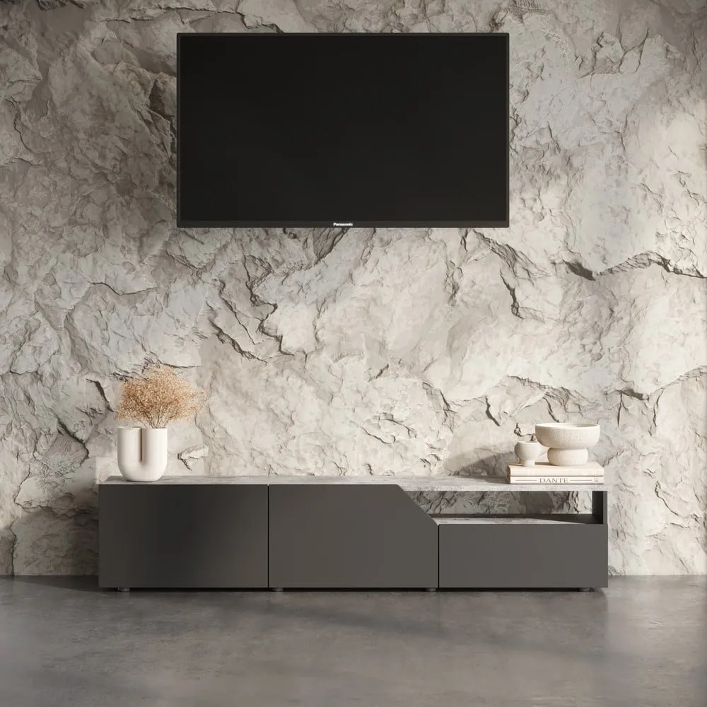 Czarna szafka pod TV w dekorze betonu 180x38 cm Verone – TemaHome