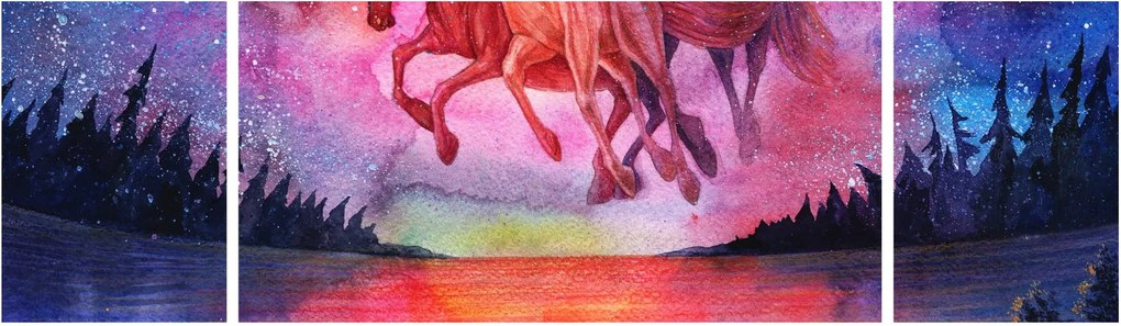Obraz - Pojawienie się kosmicznych koni nad jeziorem, akwarela (170x50 cm)
