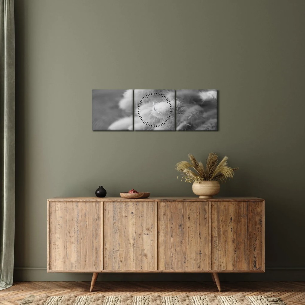 Obraz - trawa z króliczym ogonkiem na stole (z zegarem) (90x30 cm)