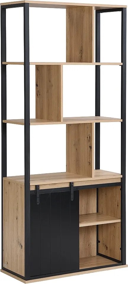 Biblioteczka z półkami i 1 przesuwnymi drzwiczkami z MDF i stali - Naturalny i Czarny - YALENA