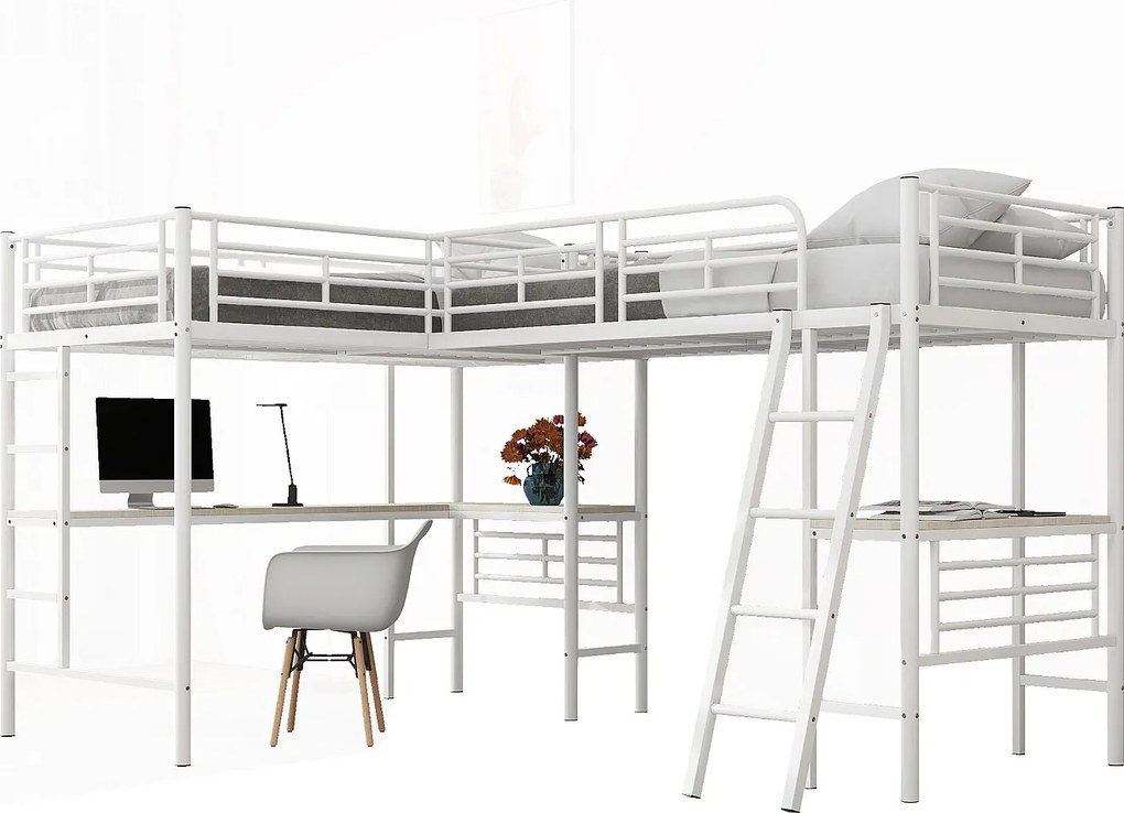 Łóżko antresola 2-osobowe - 2 x 90 x 200 cm - z biurkiem narożnym i drabinkami - metalowe - białe