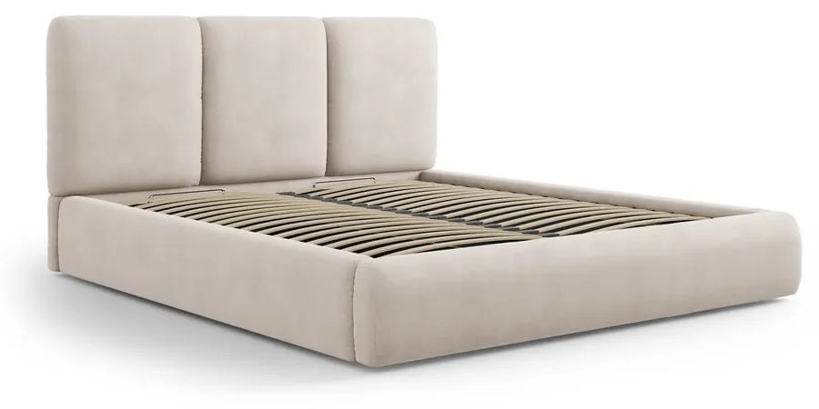 Beżowe tapicerowane łóżko dwuosobowe ze schowkiem i stelażem 160x200 cm Brody – Mazzini Beds