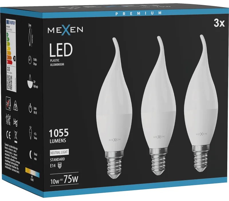 Mexen Nova 3x żarówka LED płomyk E14, C37, 10W, Neutralna - 4000K, 1055 lm - L106-E14-1040-01x03