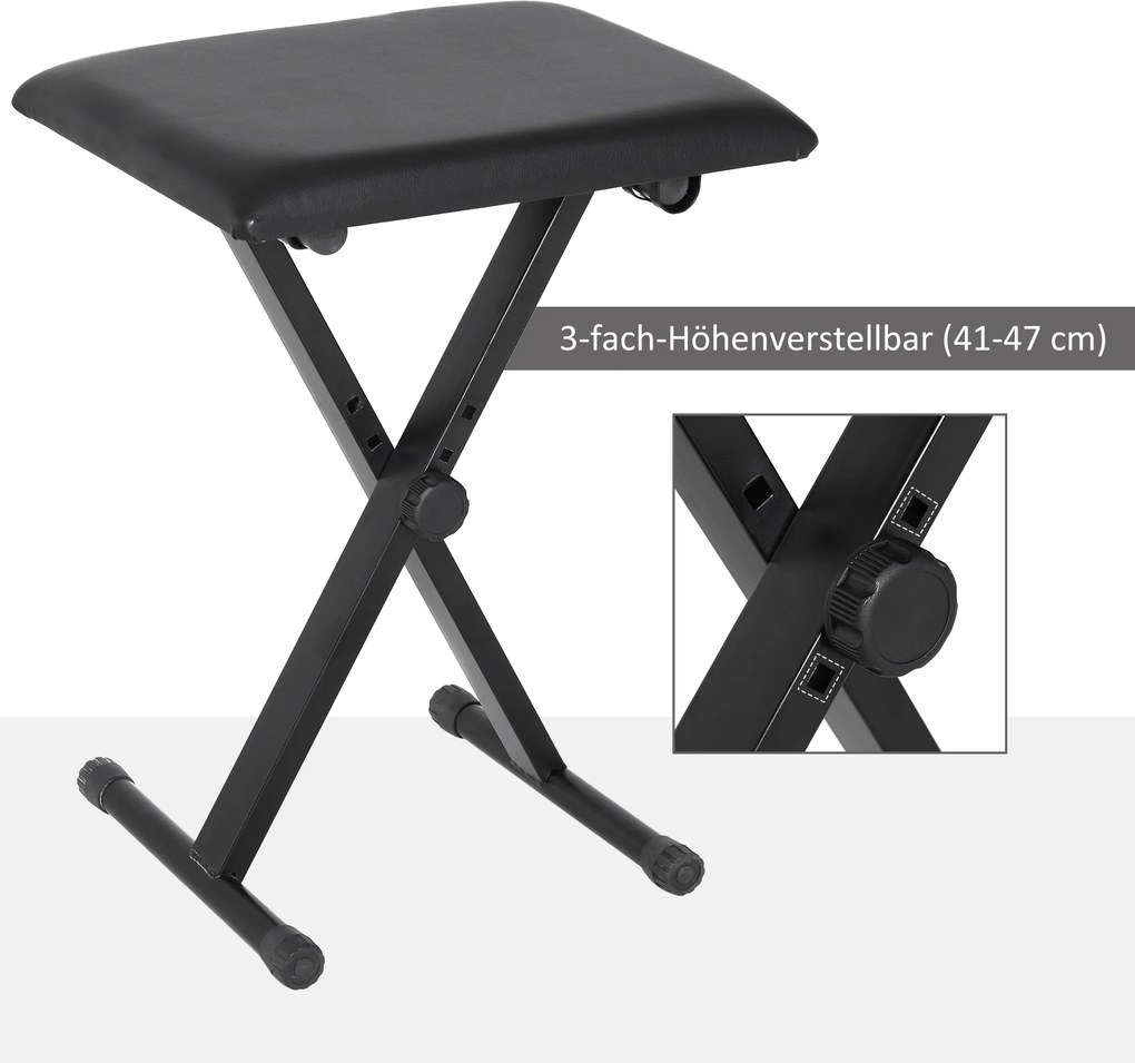 HOMCOM Stołek fortepianowy z regulacją wysokości Składany taboret do pianina Metal Sztuczna skóra Czarny 39 x 29 x 45–51 cm | Aosom PL