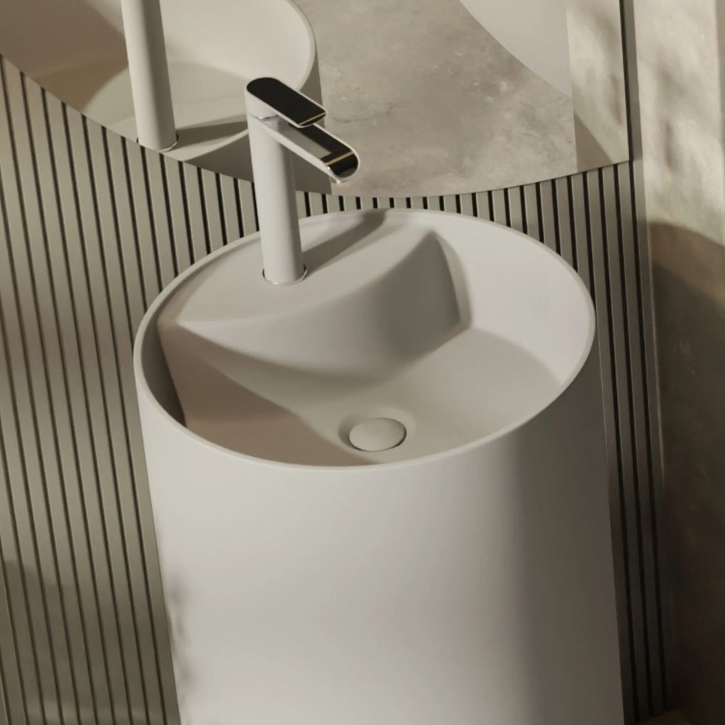 Umywalka z konglomeratu wolnostojąca okrągła szara matowa 87 x 44 cm KALMI GREY MATT z otworem na baterię : Podłączenie syfonu - Do ściany