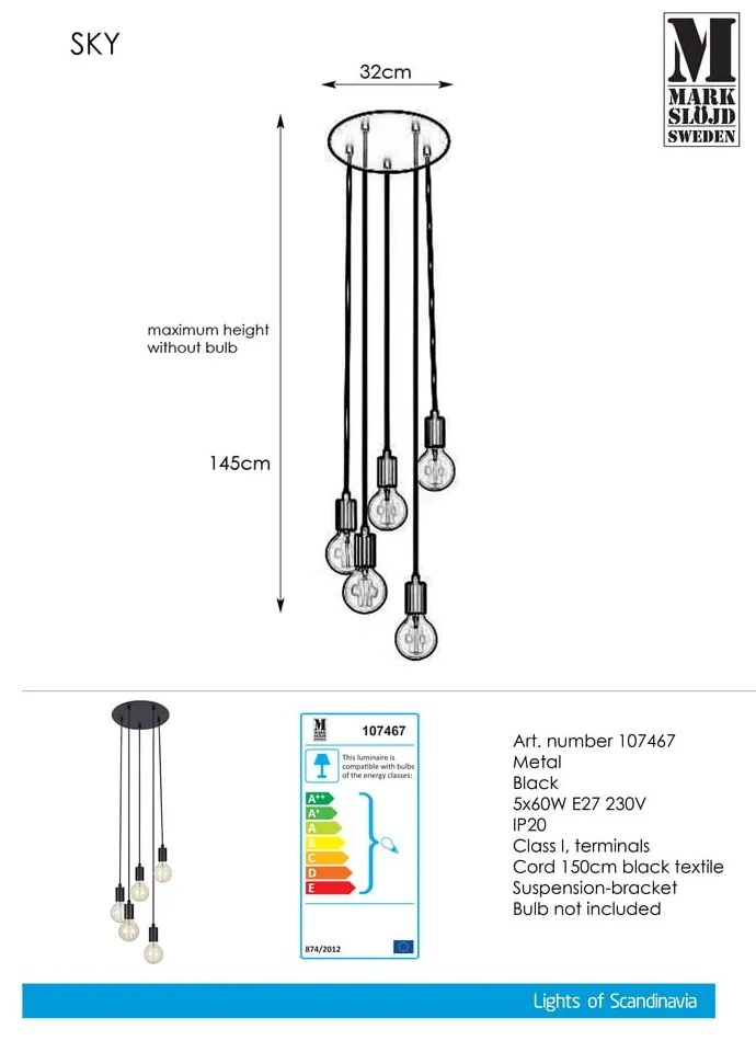 Czarna lampa wisząca Markslöjd Sky, ø 32 cm