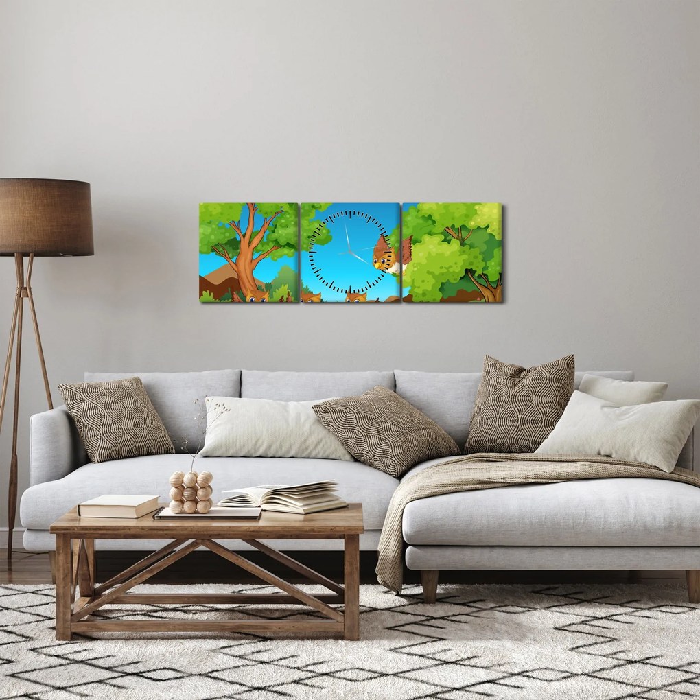 Obraz - Wesołe sówki (z zegarem) (90x30 cm)