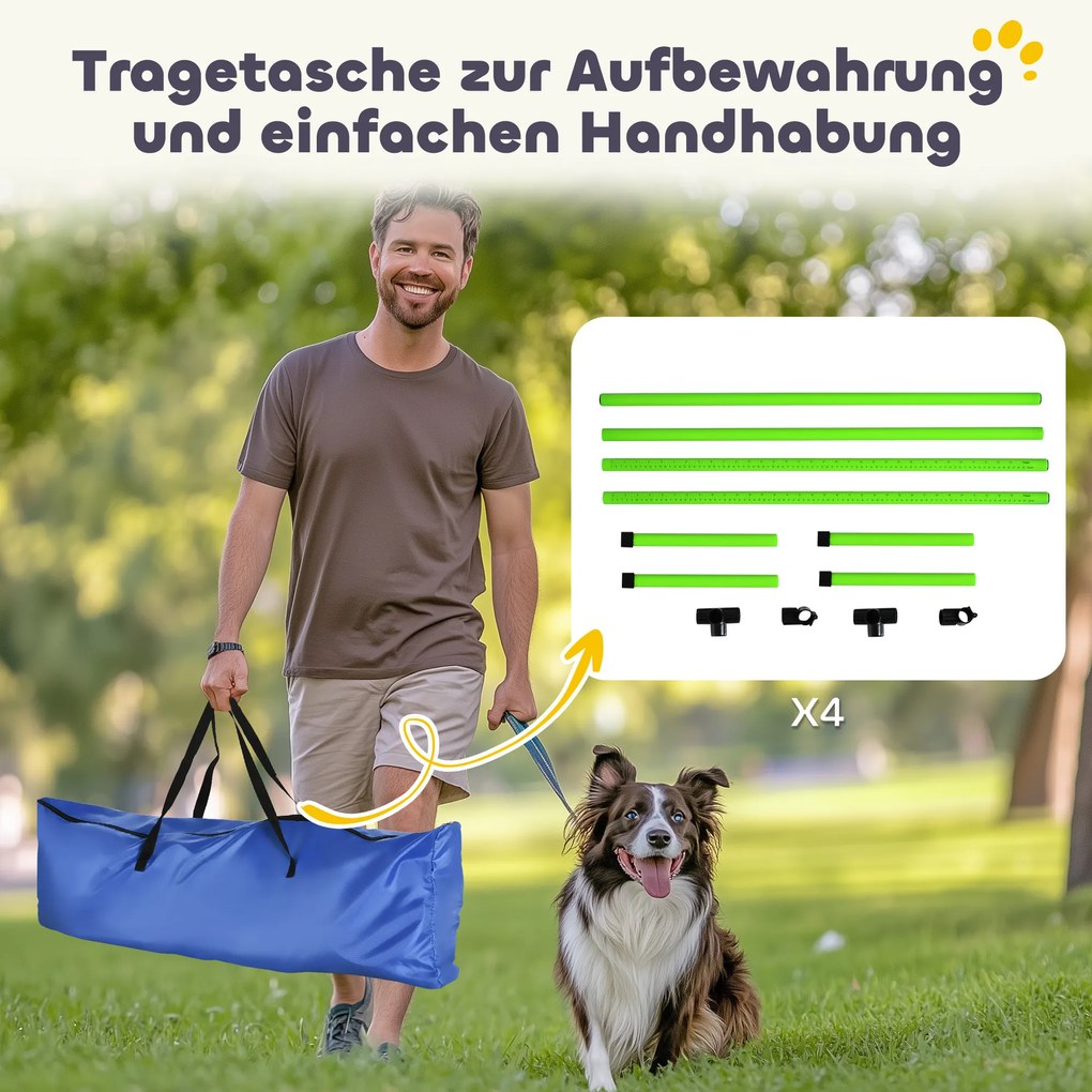 PawHut Zestaw agility dla psów 4-częściowy regulowana wysokość sprzęt agility z 4 przeszkodami torba transportowa 99 x 65 x 94 cm zielony | Aosom PL