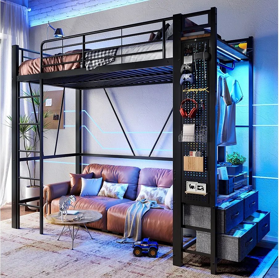 Łóżko piętrowe dla dzieci - 90 x 200 cm - konstrukcja żelazna - z półkami + 4 szuflady + diody LED - metalowe - czarne