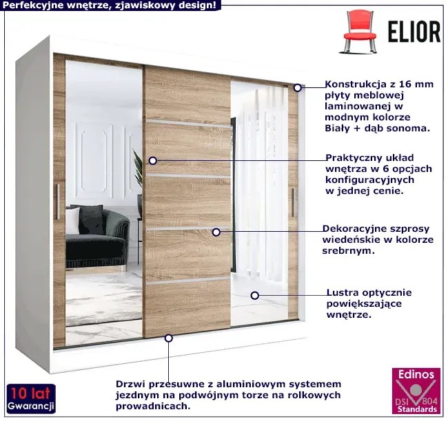 Szafa przesuwna 200 cm biały + dąb sonoma - Ebia 6X