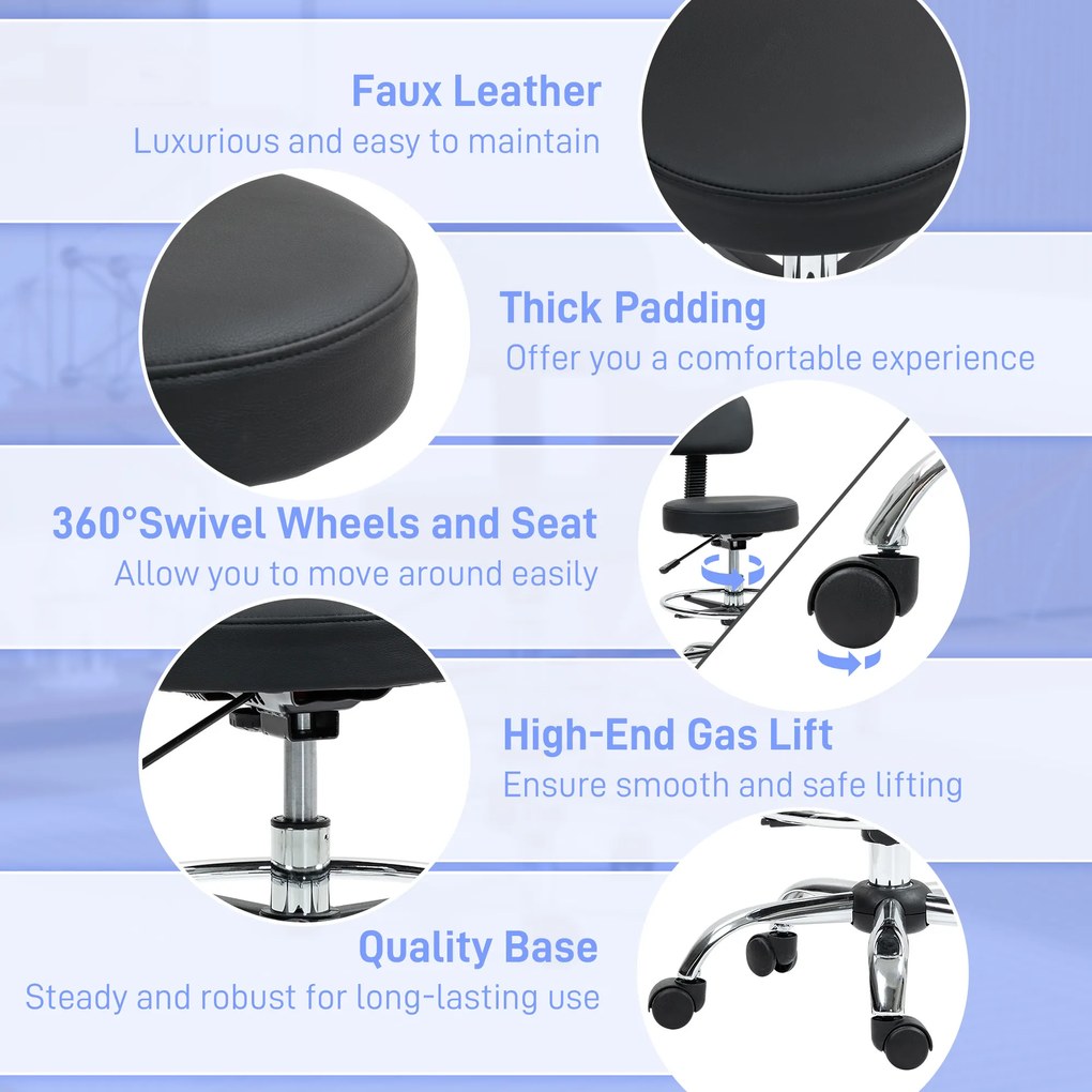 HOMCOM Ergonomiczne Krzesło Biurowe, Kompaktowe, Regulowane, z Podnóżkiem, Obrotowe, Skóra Ekologiczna, Metal, Czarne