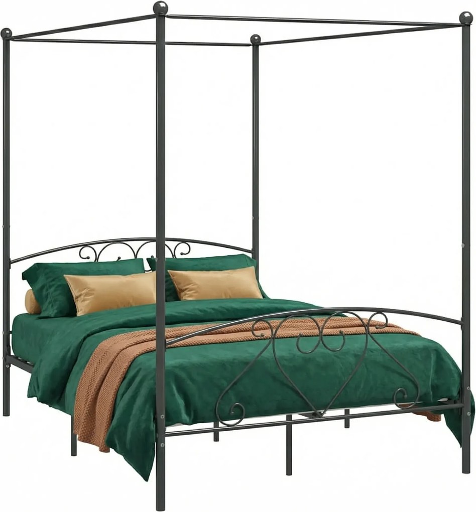 Czarne Metalowe Łóżko Z Baldachimem 200X200 Cm F5-E94