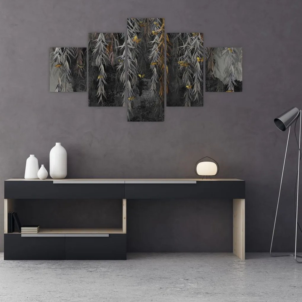Obraz - Gałązki wierzby na czarnym tle (125x70 cm)