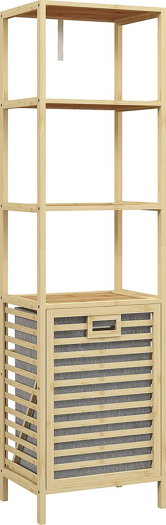 HOMCOM Regał łazienkowy z koszem na pranie, 3 półki, rama z bambusa, 44x33x160 cm, Naturalny