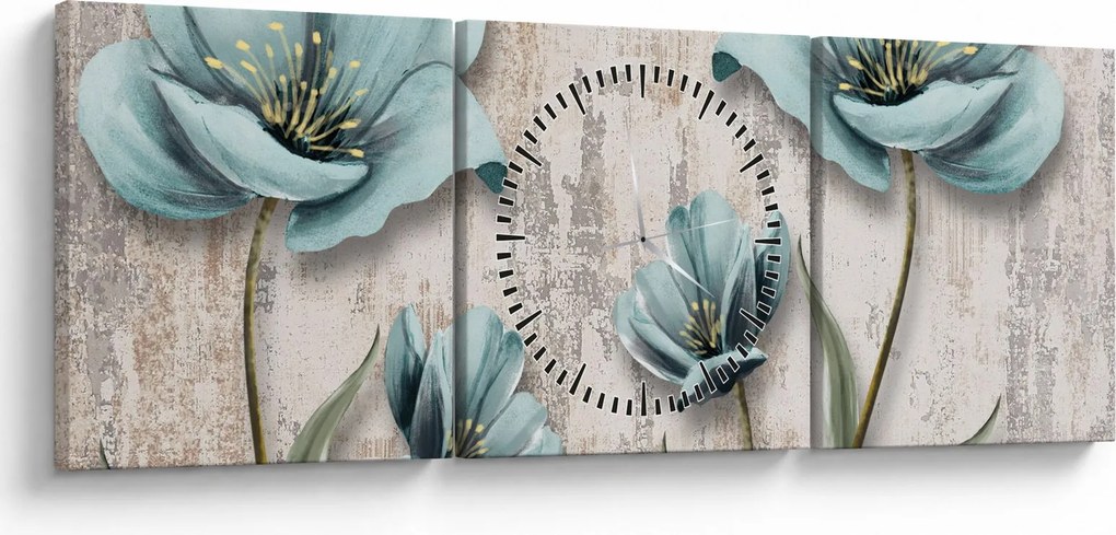 Obraz - Kwiaty na teksturze (z zegarem) (90x30 cm)