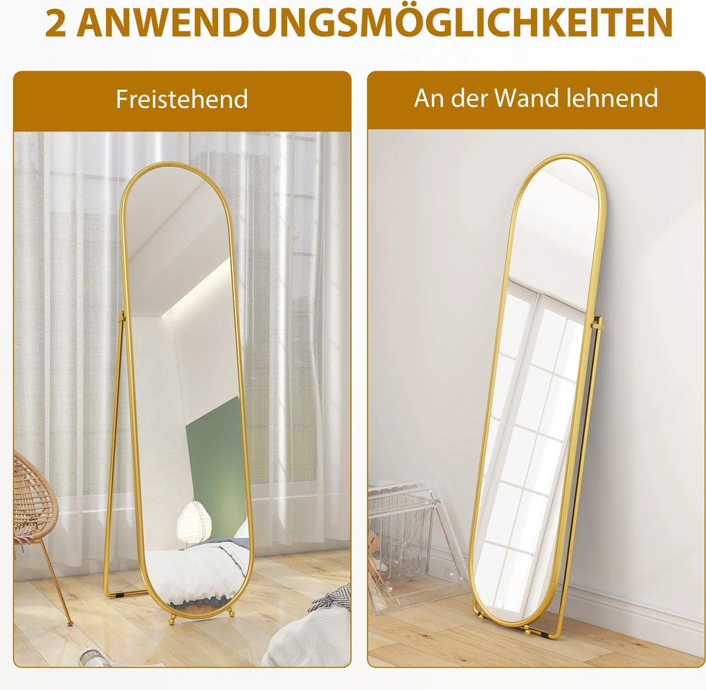 HOMCOM Lustro całopostaciowe, owalny kształt, wolnostojące, rama metalowa, 50x180 cm, złote | Aosom PL