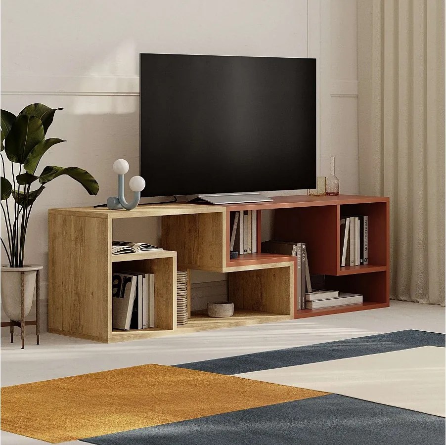 Stojak pod telewizor – 145 cm x 44,8 cm x 35 cm – Dąb szafirowy i cynamonowy – Płyta wiórowa pokryta melaminą