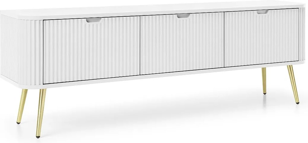 ZOVA RTV Szafka 3-drzwiowa z klapami i nogami, stolik TV z nowoczesnym designem, metalowe nogi złote, 168/57/39cm, kolor: biały