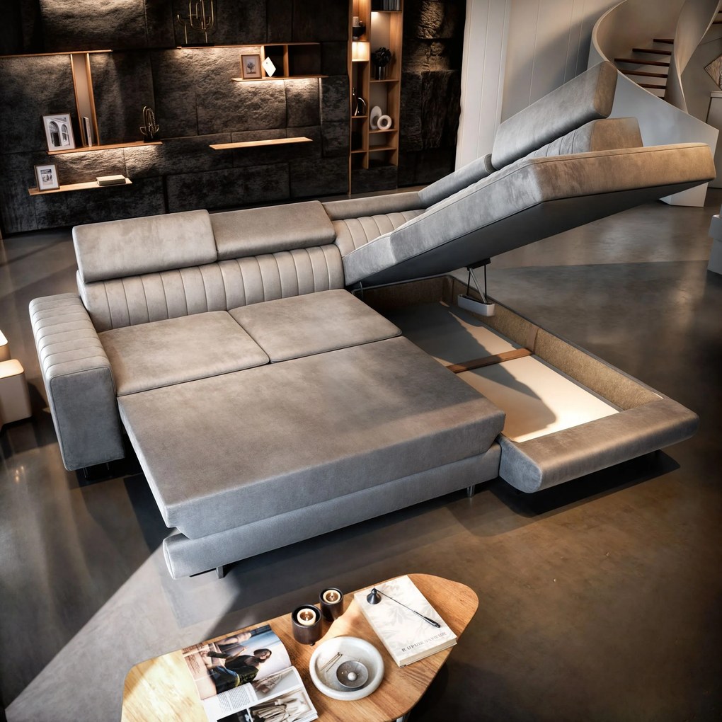 Masseno Narożnik NOLA z funkcją spania i pojemnikiem na pościel Narozniki L, Rozkładana sofa - Kremowy, MONOLITH 04