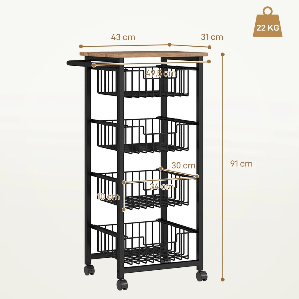 HOMCOM 4-poziomowy Wózek Kuchenny na Kółkach, Mobilny Wózek Serwisowy, Kuchenny Trolley z 4 Koszami Stalowymi