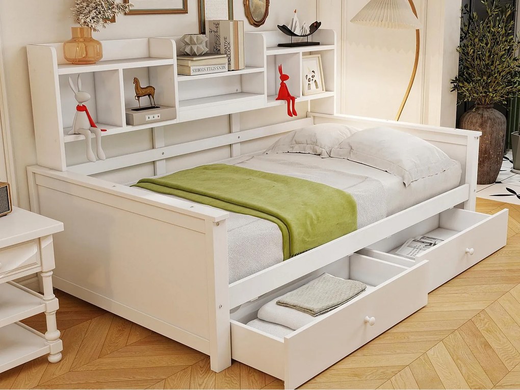 Rozkładana sofa 90x200 - z 2 szufladami - z półkami - z stelażem lamelowym - biały​ (materac nie jest wliczony w cenę)