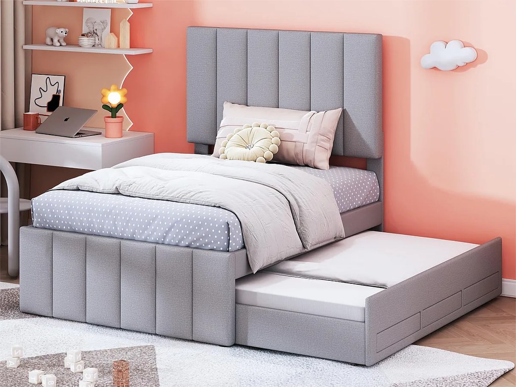 Łóżko wysuwane 90 x 190/200 cm z 3 szufladami - tkanina lniana - stelaż listwowy - szare