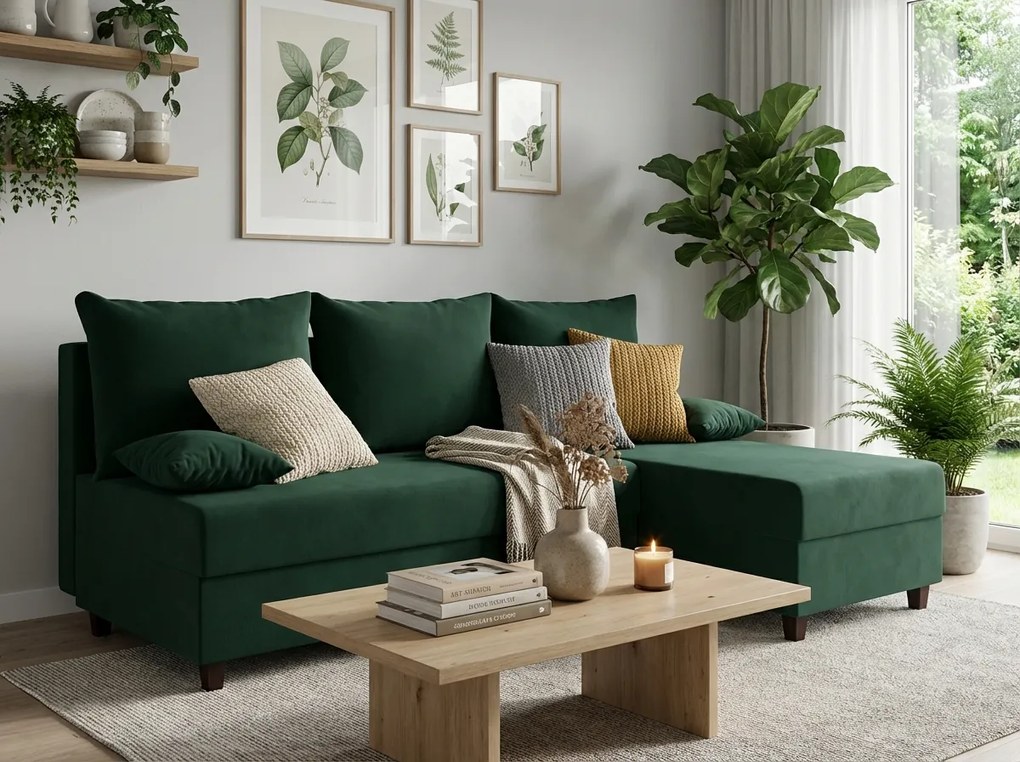 Rozkładana narożna sofa VALERIO SLIM 200x140 cm, ciemnozielona, uniwersalna + 2 poduszki GRATIS