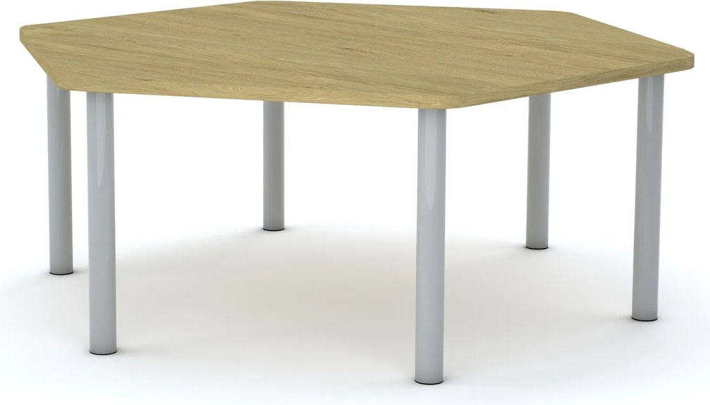 Stół do przedszkola Smart sześciokątny 140x120 cm, rozmiar 0-3, blat dębowy / nogi szare